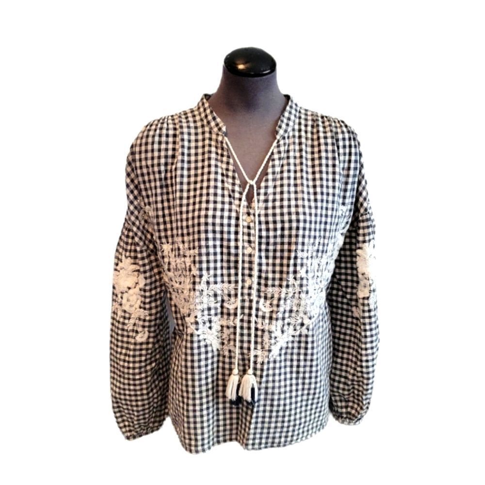 EC ZARA TRAFALUC NAVY BLUE & WHITE GINGHAM PULLOVER W/ EMBROIDERED FLOWERS Sz.S